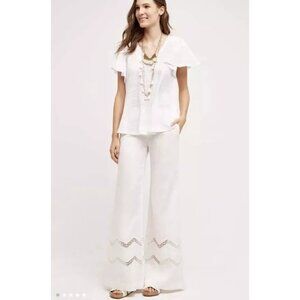 Elevenses Womens White Wide-Leg Cropped Pants With Lace Trim Size Medium Linen